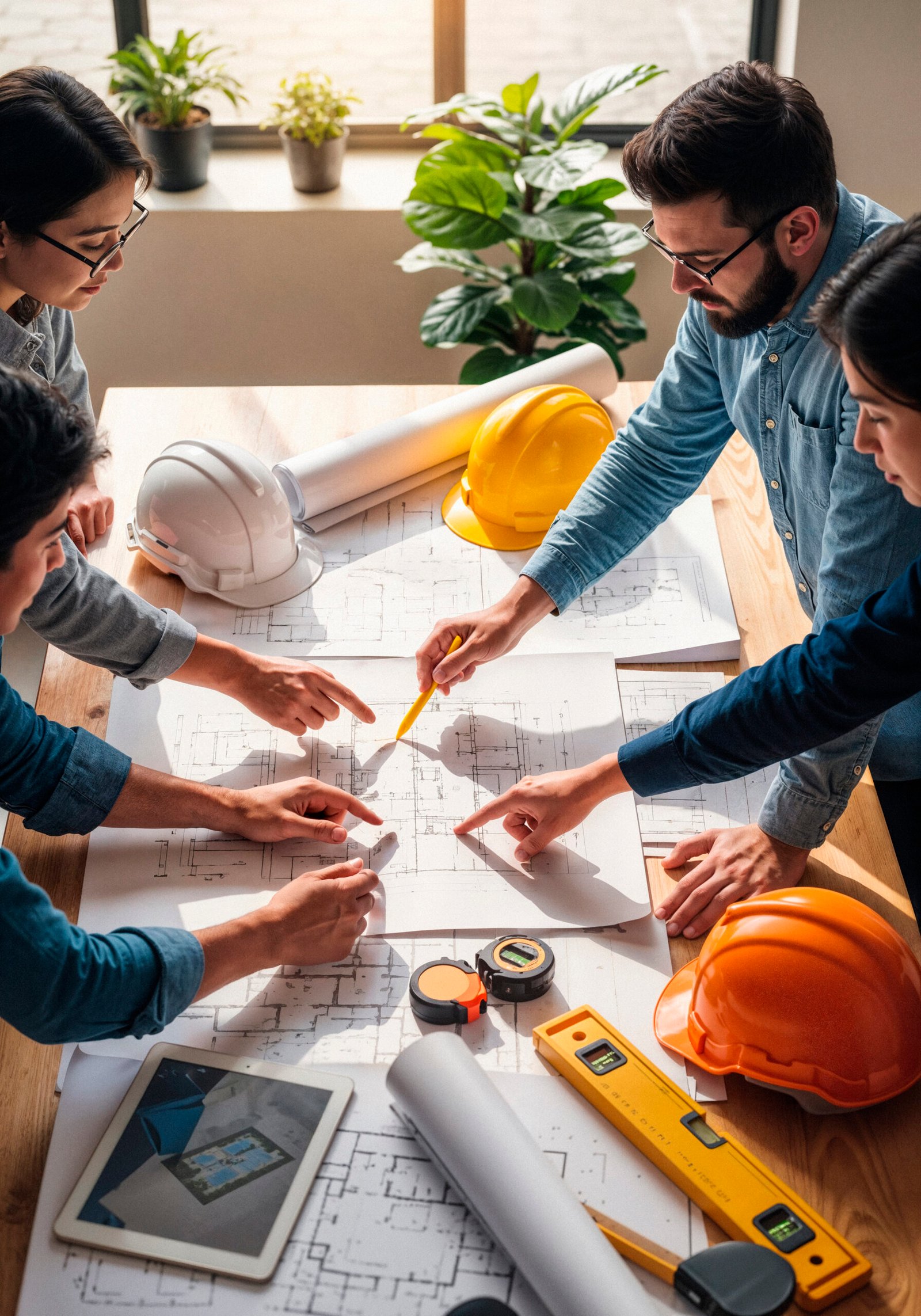 architects engineers team analyzing blueprints